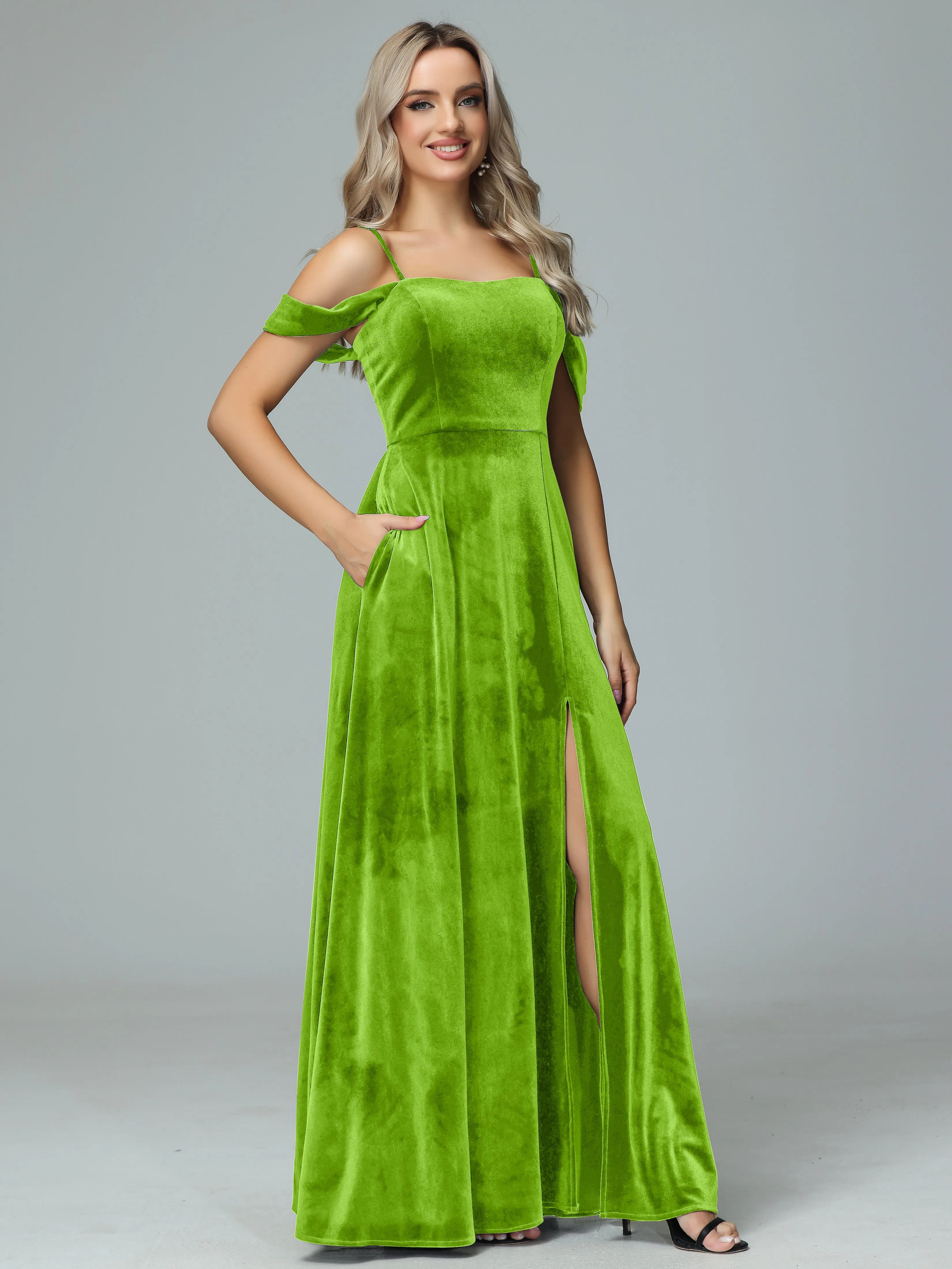 Off the Shoulder Straps Velvet Bridesmaid Dresses with Pockets