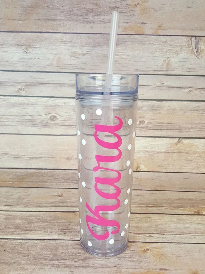 Personalized Polka Dot Name Cute Acrylic Clear Tumbler with Straw and Free Personalization