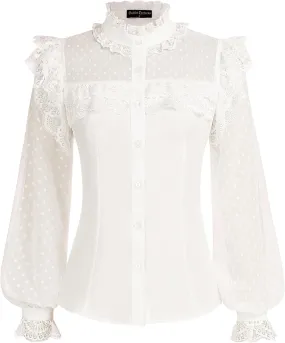 Scarlet Darkness Women's Victorian Lace Tops Polka Dot Button Down Long Sleeve Shirt