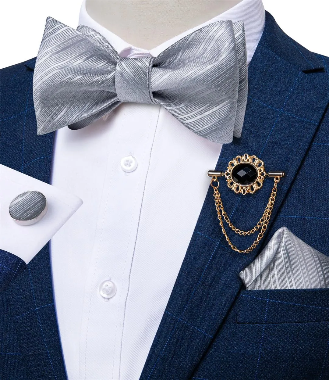 Self Tie Men Silk Woven Wedding Bow Tie Handkerchief Brooch Pin Set Party Men Bowties Necktie