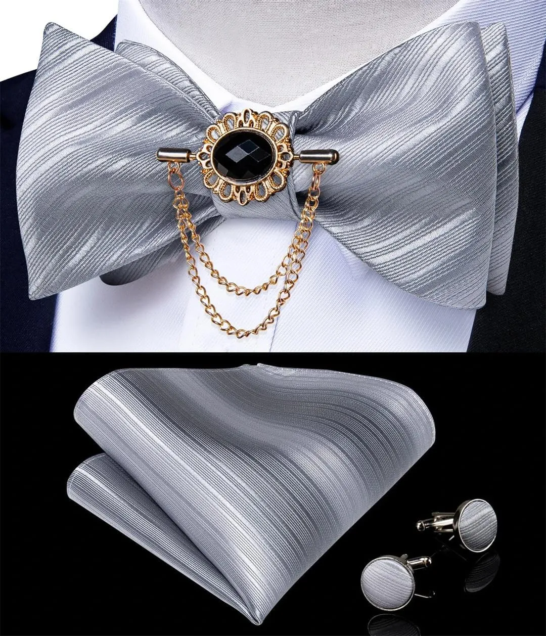 Self Tie Men Silk Woven Wedding Bow Tie Handkerchief Brooch Pin Set Party Men Bowties Necktie