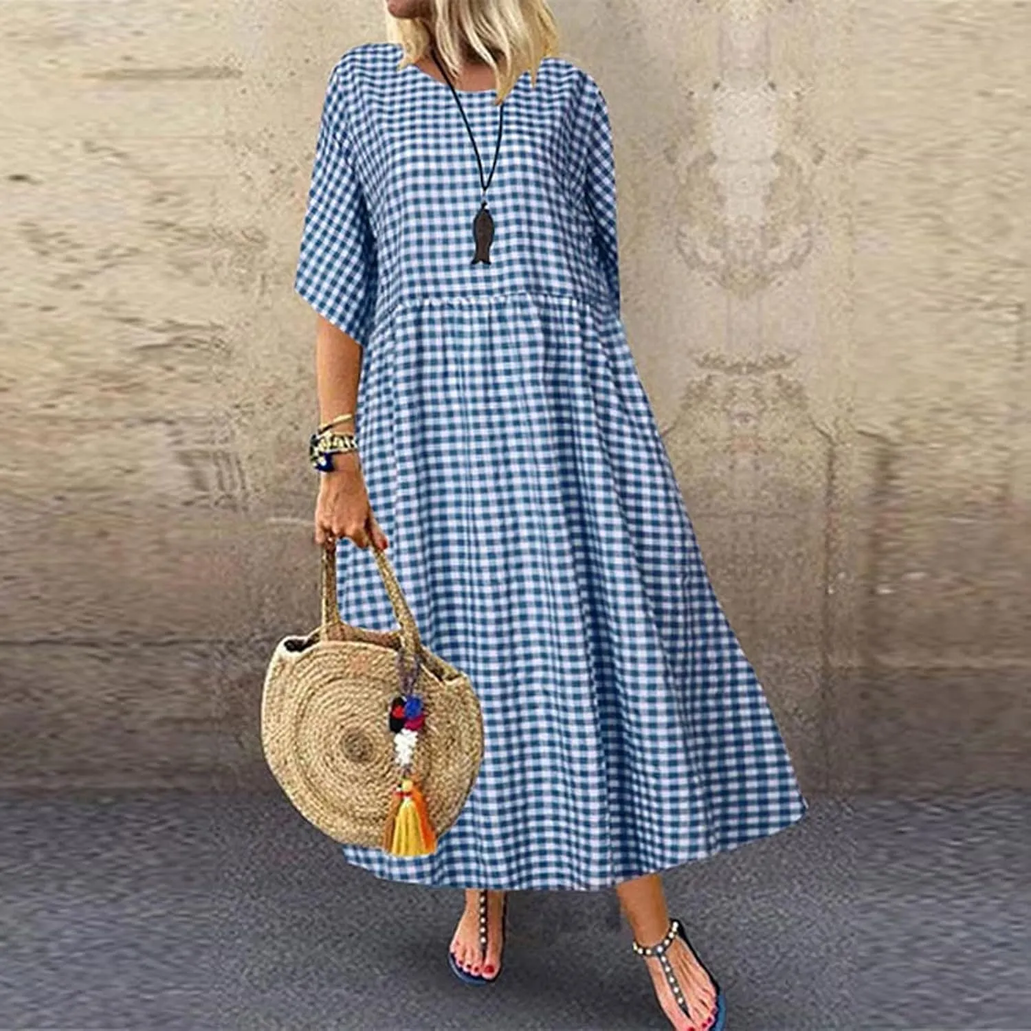 Spring Dresses for Women 2024 Casual 3/4 Sleeve Plus Size Maxi Dress A Line Shirt Flowy Swing Beach Vacation Long Sundress