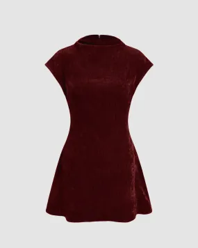 Velvet High Neck Mini Dress In Maroon