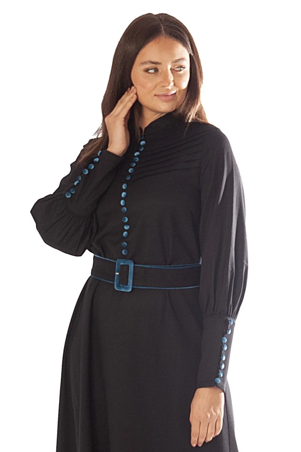 Velvet Trim, Buttons Belt Dress