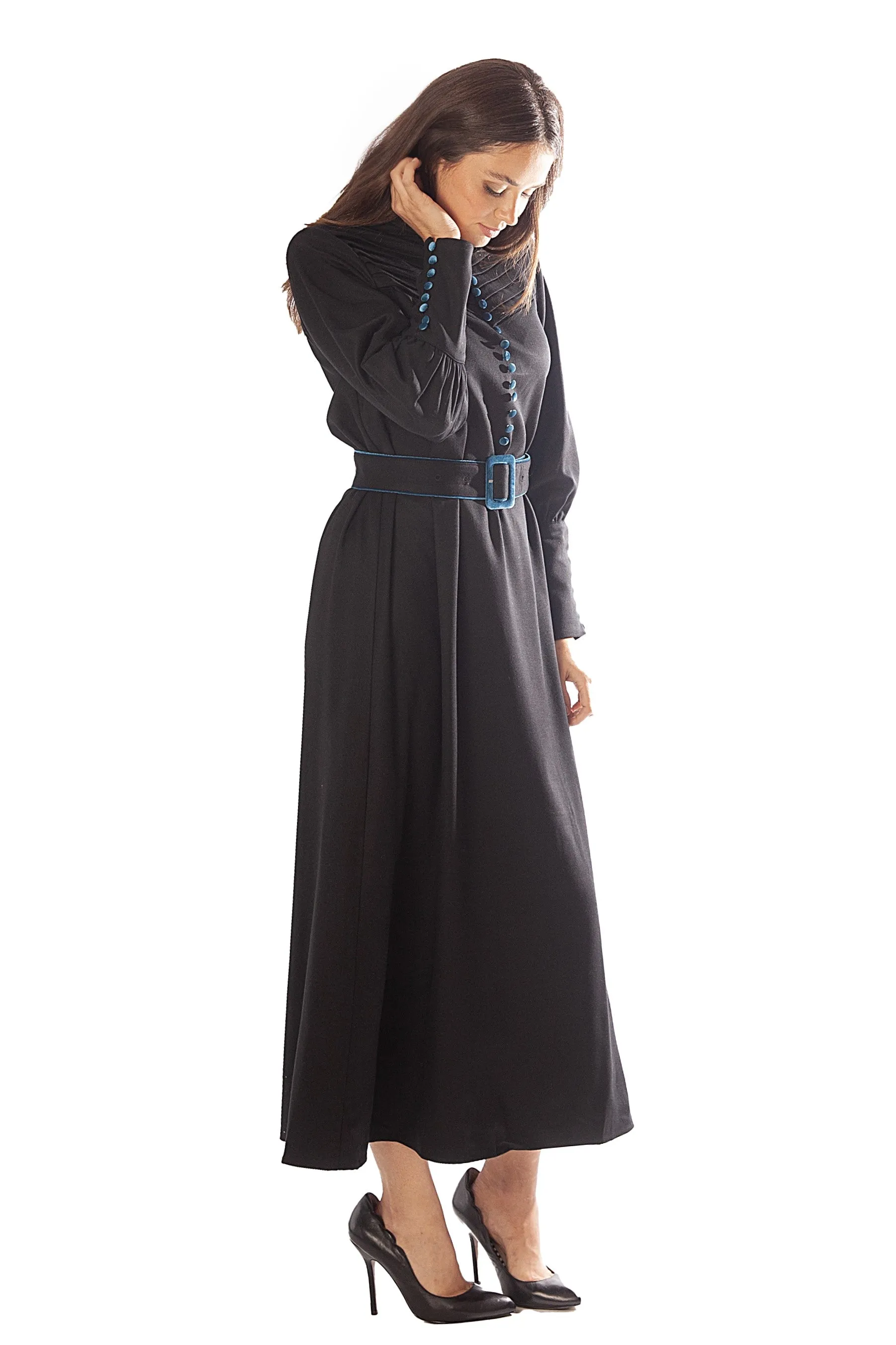 Velvet Trim, Buttons Belt Dress
