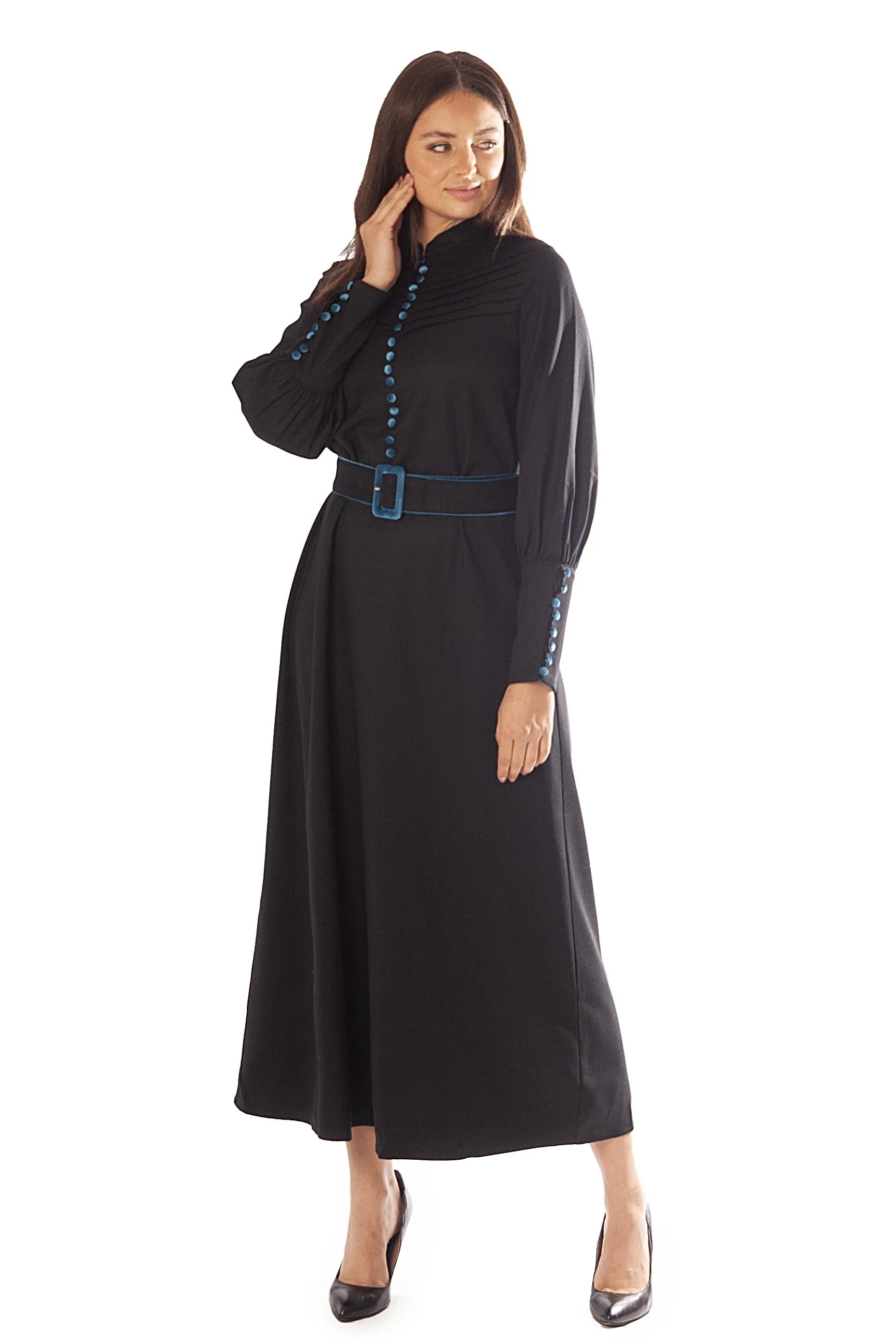 Velvet Trim, Buttons Belt Dress
