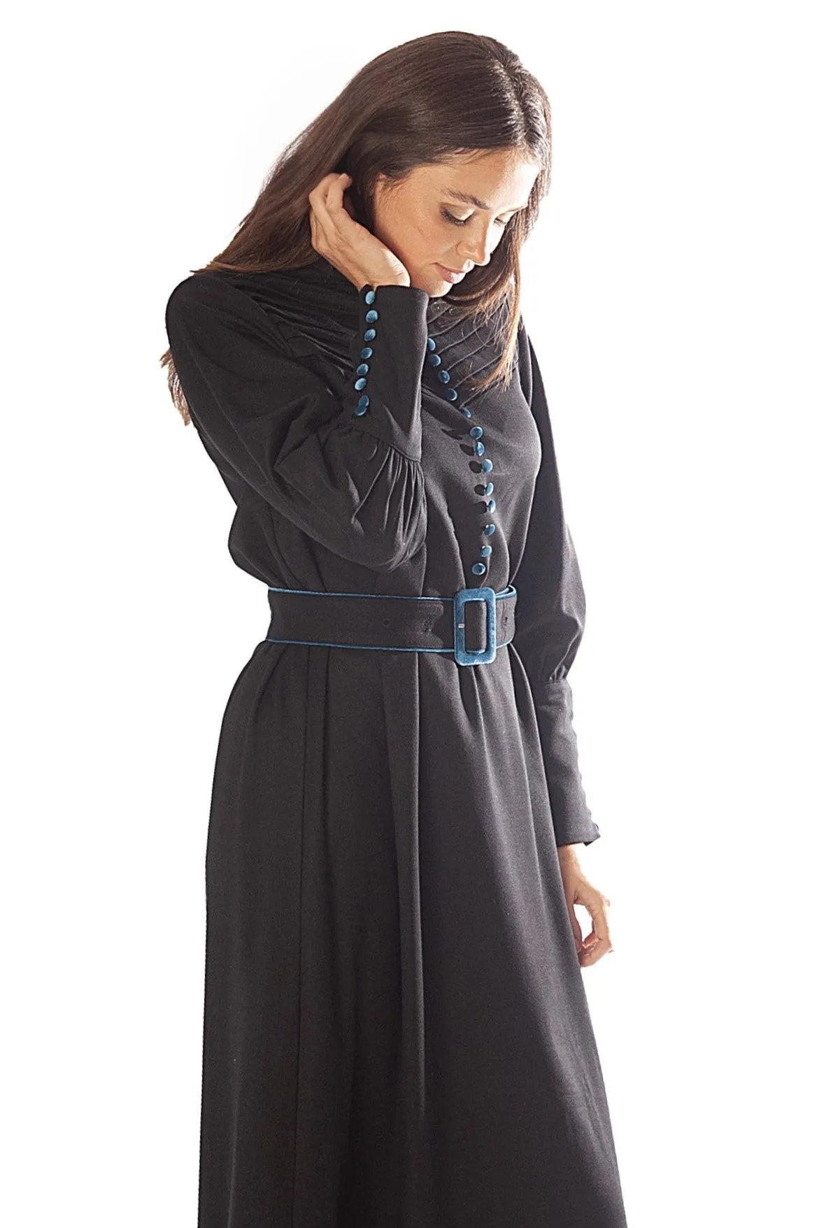 Velvet Trim, Buttons Belt Dress