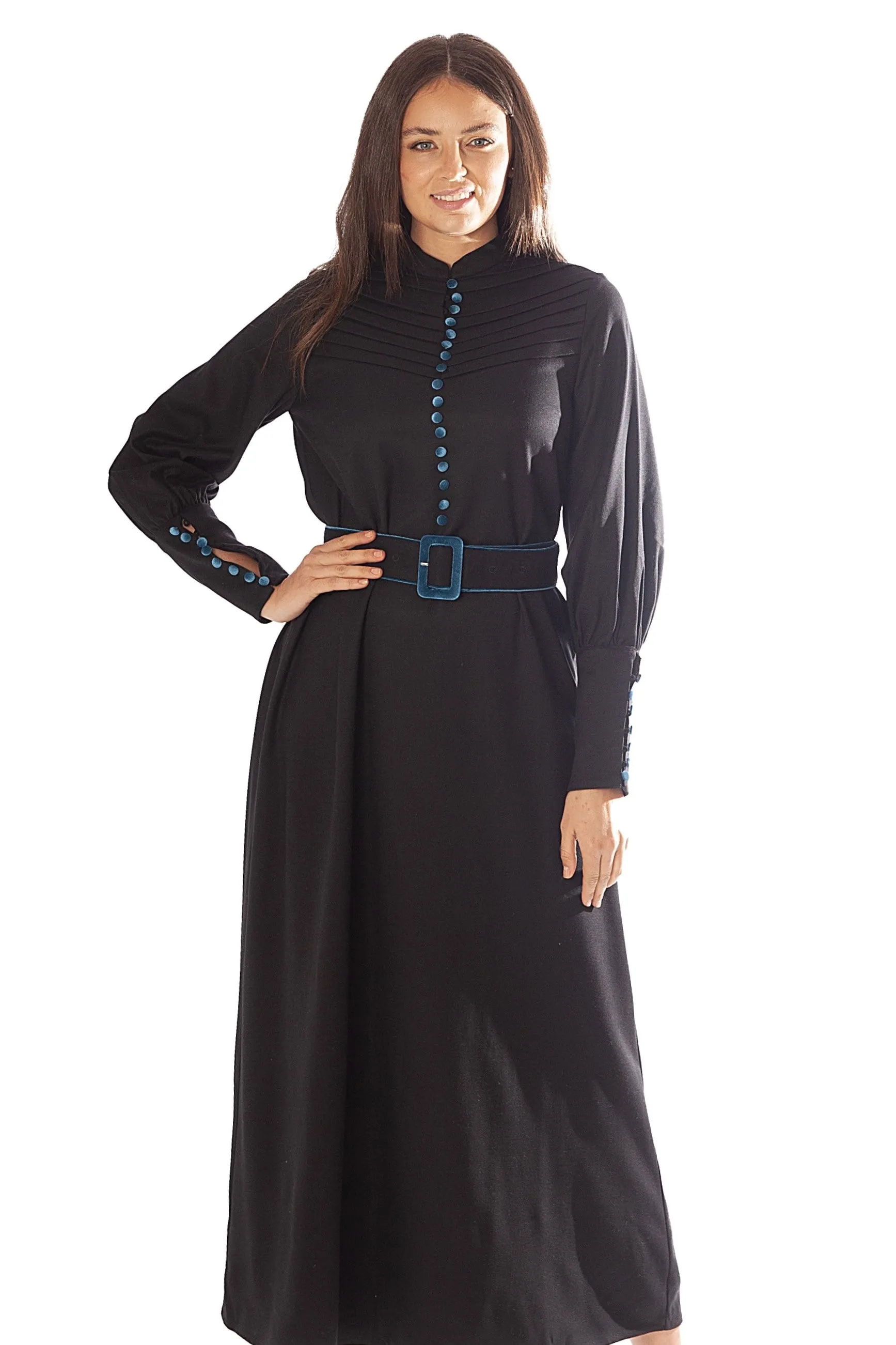 Velvet Trim, Buttons Belt Dress