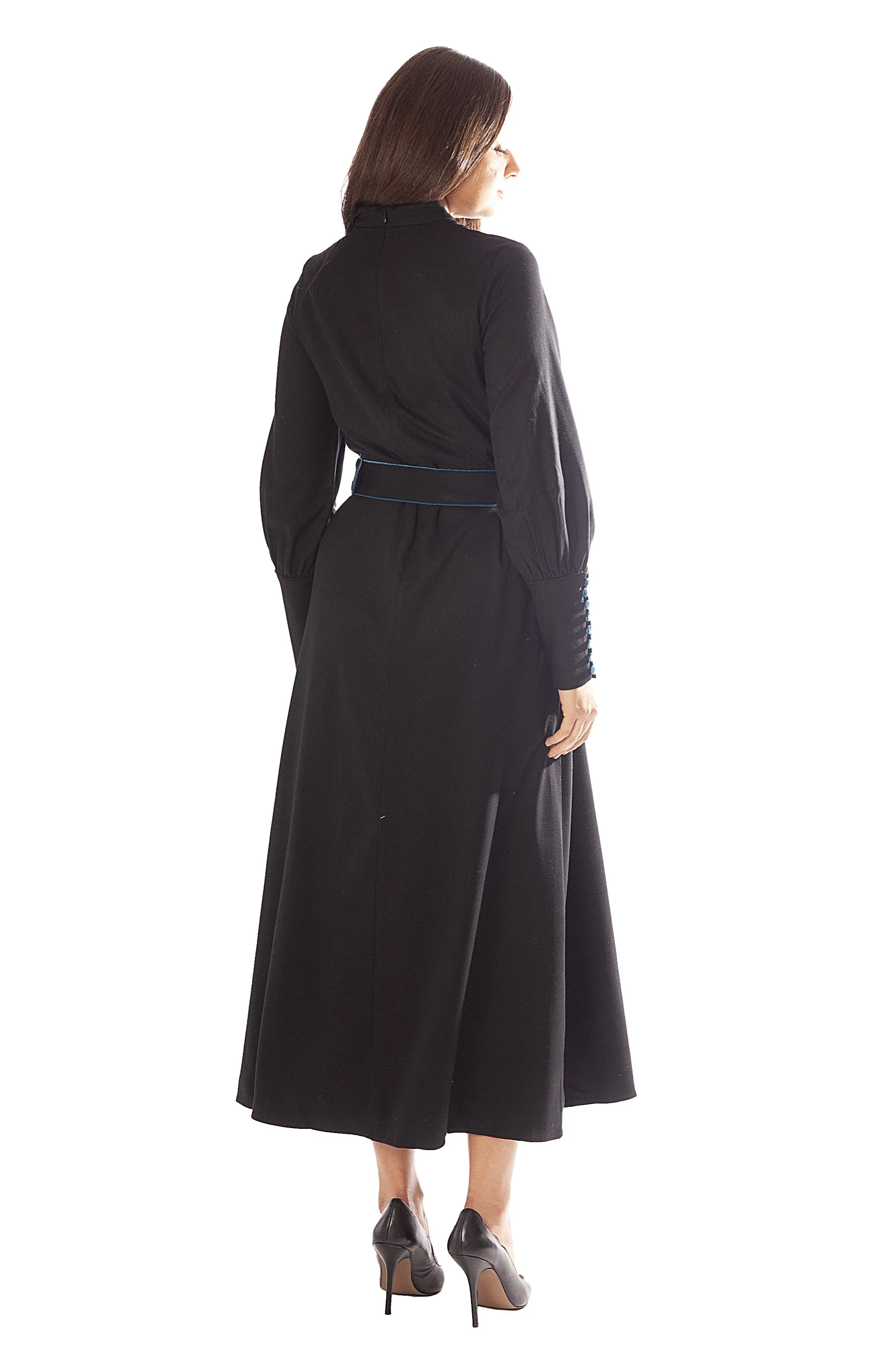 Velvet Trim, Buttons Belt Dress