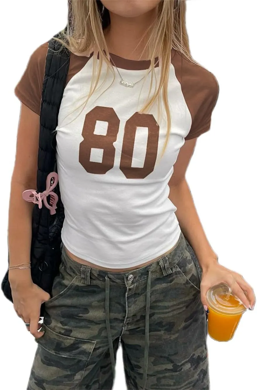 Women Number Baby Tees Short Sleeve Jersey Crop Top Slim Fit Crewneck Shirt Y2k Graphic T-Shirt Vintage Summer Top