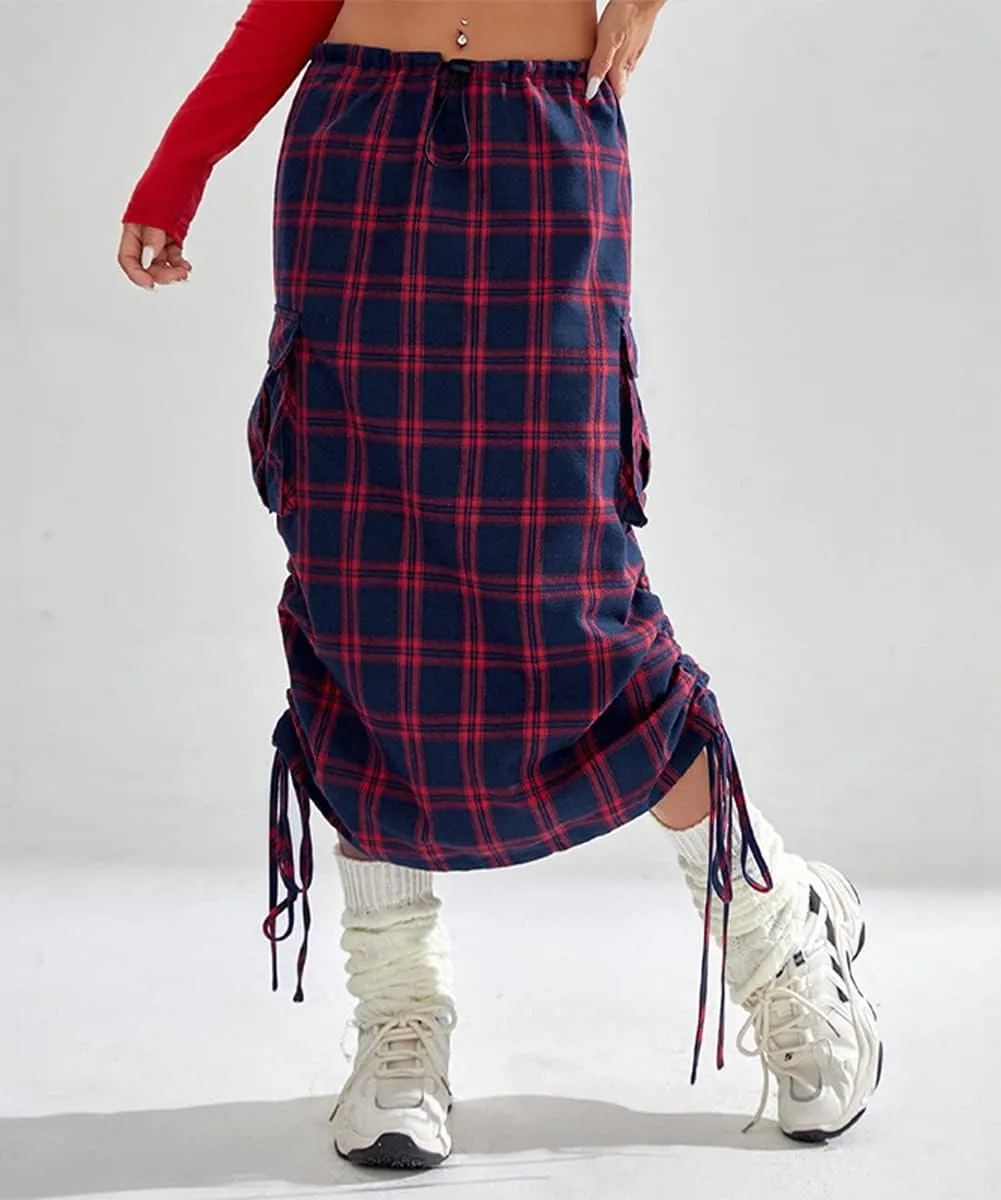 Women's Fashion High Waisted Y2k Cargo Midi Skirts Casual Plaid Drawstring Long Pencil Skirt