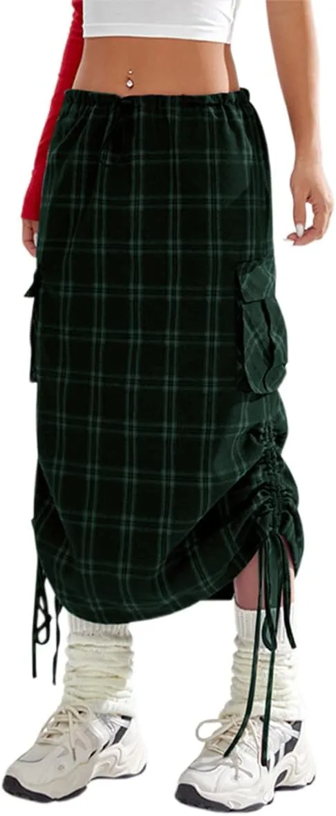 Women's Fashion High Waisted Y2k Cargo Midi Skirts Casual Plaid Drawstring Long Pencil Skirt