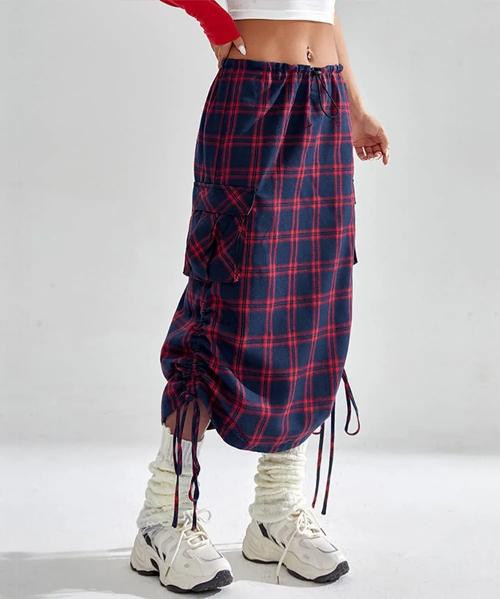 Women's Fashion High Waisted Y2k Cargo Midi Skirts Casual Plaid Drawstring Long Pencil Skirt