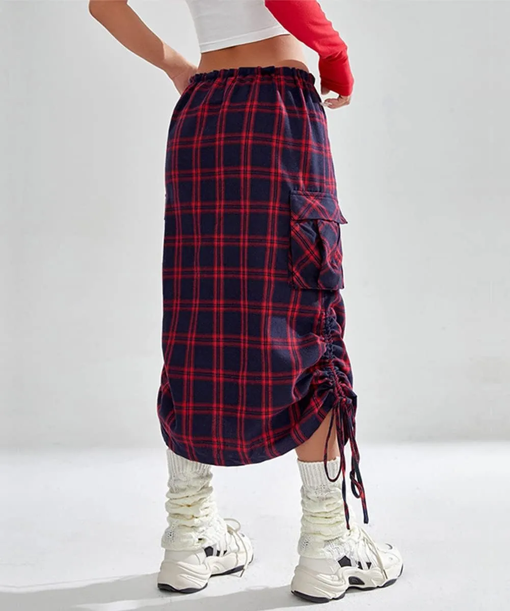Women's Fashion High Waisted Y2k Cargo Midi Skirts Casual Plaid Drawstring Long Pencil Skirt
