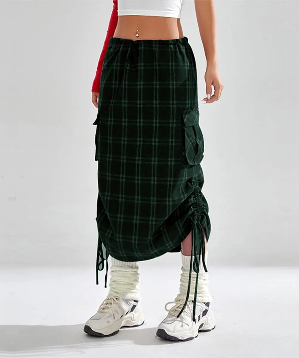 Women's Fashion High Waisted Y2k Cargo Midi Skirts Casual Plaid Drawstring Long Pencil Skirt