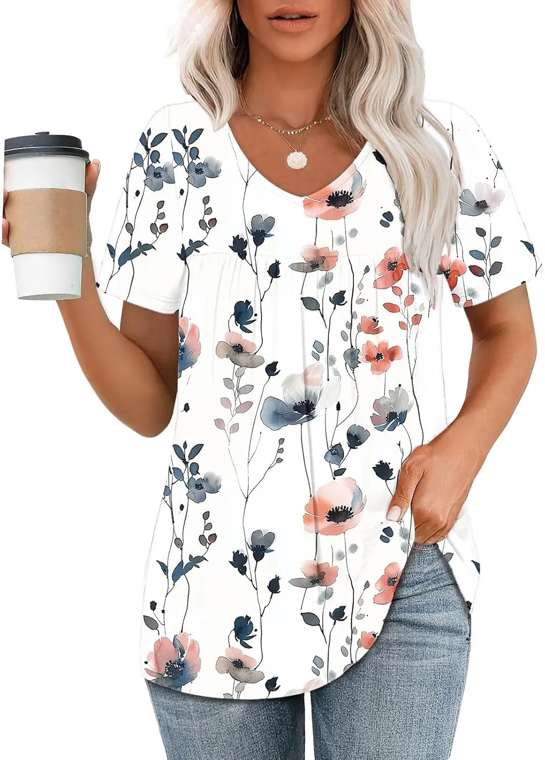 Womens Summer Tops Floral Graphic Tees Casual Short Sleeve Shirts Flowy Babydoll Tunic Top Sexy V Neck T Shirts 2025