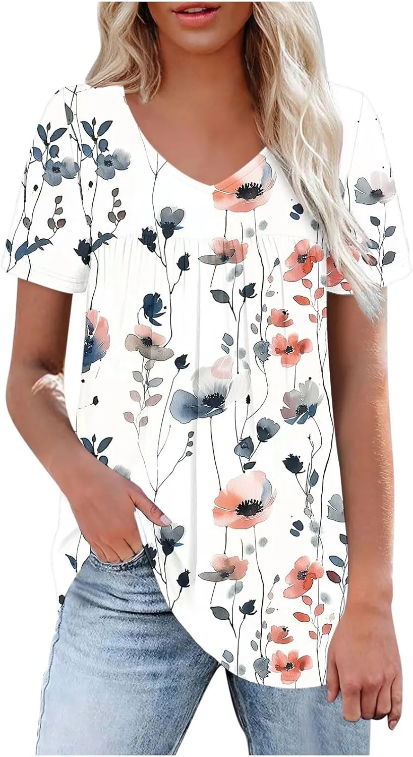 Womens Summer Tops Floral Graphic Tees Casual Short Sleeve Shirts Flowy Babydoll Tunic Top Sexy V Neck T Shirts 2025