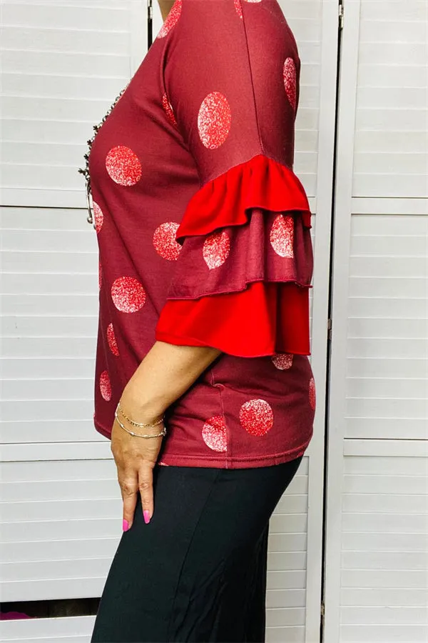 YMY9810-2 Burgundy  polka dot printed blouse with red double ruffle 3/4 sleeve for women
