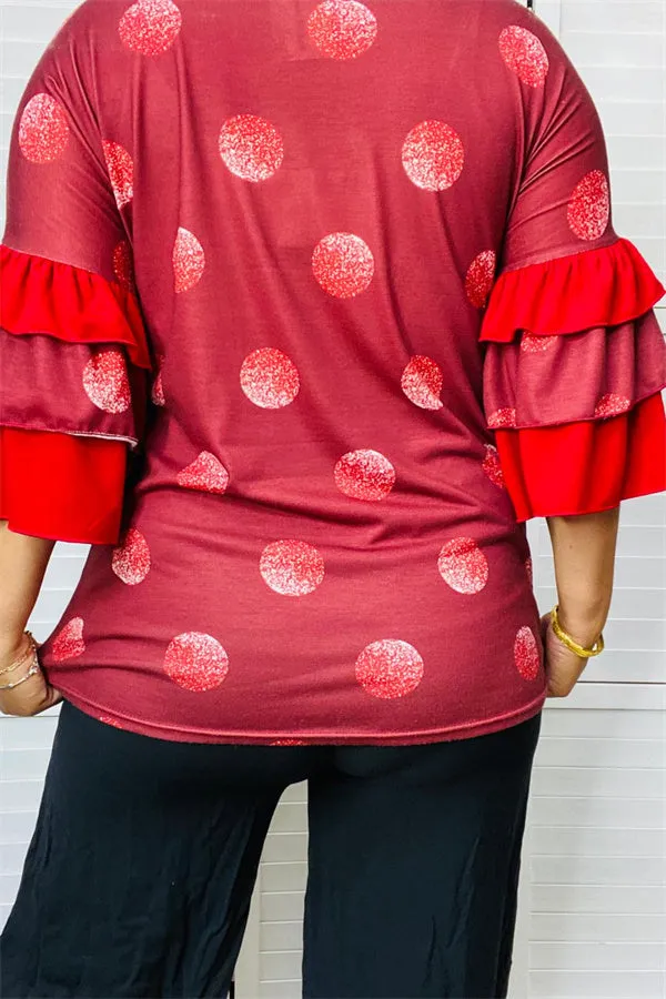 YMY9810-2 Burgundy  polka dot printed blouse with red double ruffle 3/4 sleeve for women