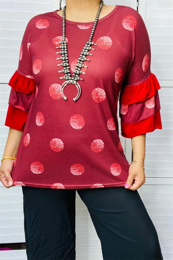 YMY9810-2 Burgundy  polka dot printed blouse with red double ruffle 3/4 sleeve for women