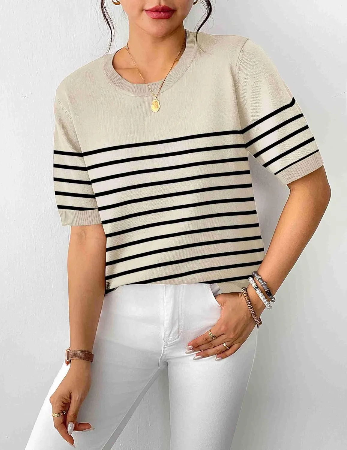 Zeagoo Womens Summer Tops Dressy Casual Short Sleeve Sweaters Crew Neck Lightweight Knit Tops Loose Blouse Basic Shirts