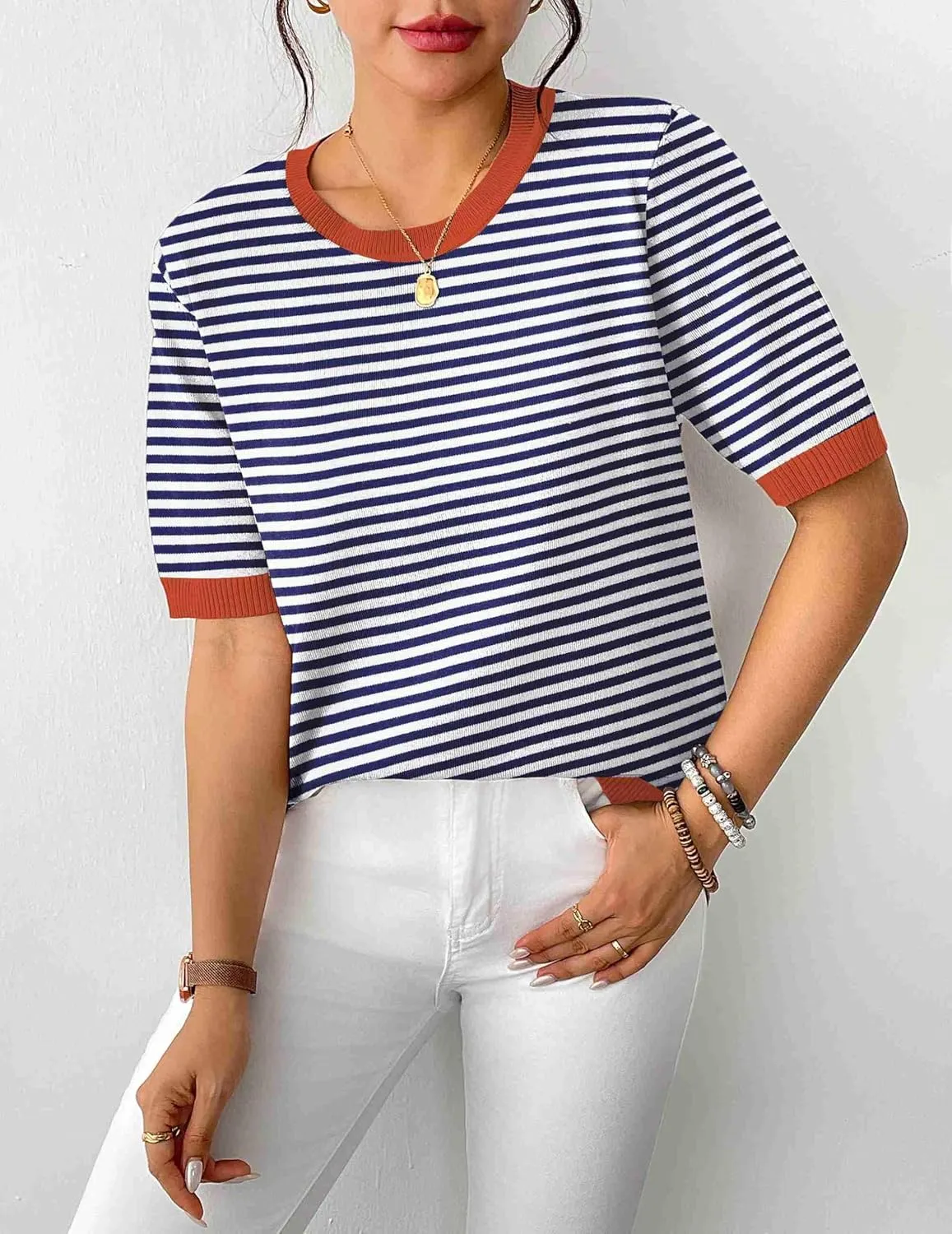Zeagoo Womens Summer Tops Dressy Casual Short Sleeve Sweaters Crew Neck Lightweight Knit Tops Loose Blouse Basic Shirts