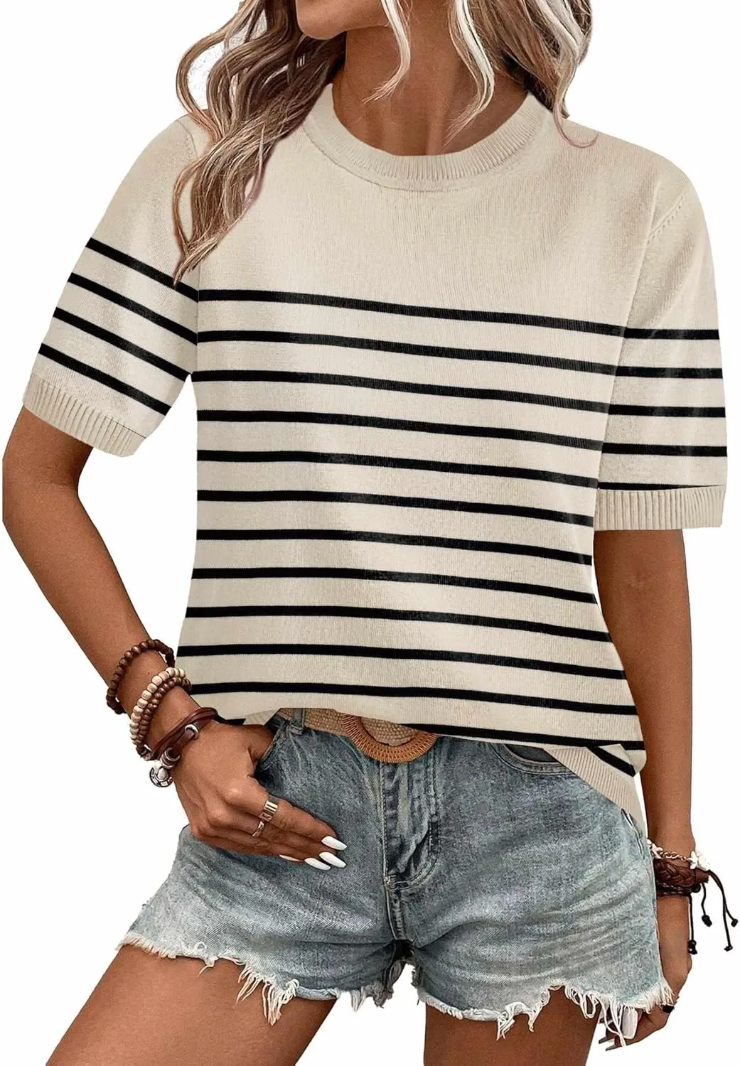 Zeagoo Womens Summer Tops Dressy Casual Short Sleeve Sweaters Crew Neck Lightweight Knit Tops Loose Blouse Basic Shirts