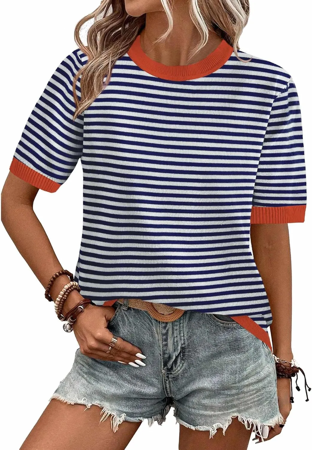Zeagoo Womens Summer Tops Dressy Casual Short Sleeve Sweaters Crew Neck Lightweight Knit Tops Loose Blouse Basic Shirts